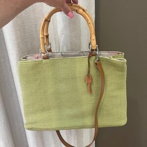 Fossil Bamboo Wooden Handle Woven Satchel Crossbody Lime Green Purse